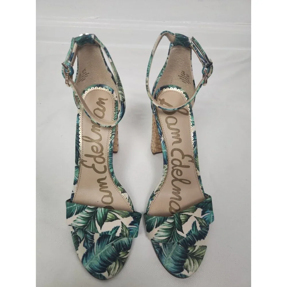 Sam Edelman Women's Sz. 7.5 Yaro Jade Palm Print Ankle Strap Sandals - Picture 2 of 8